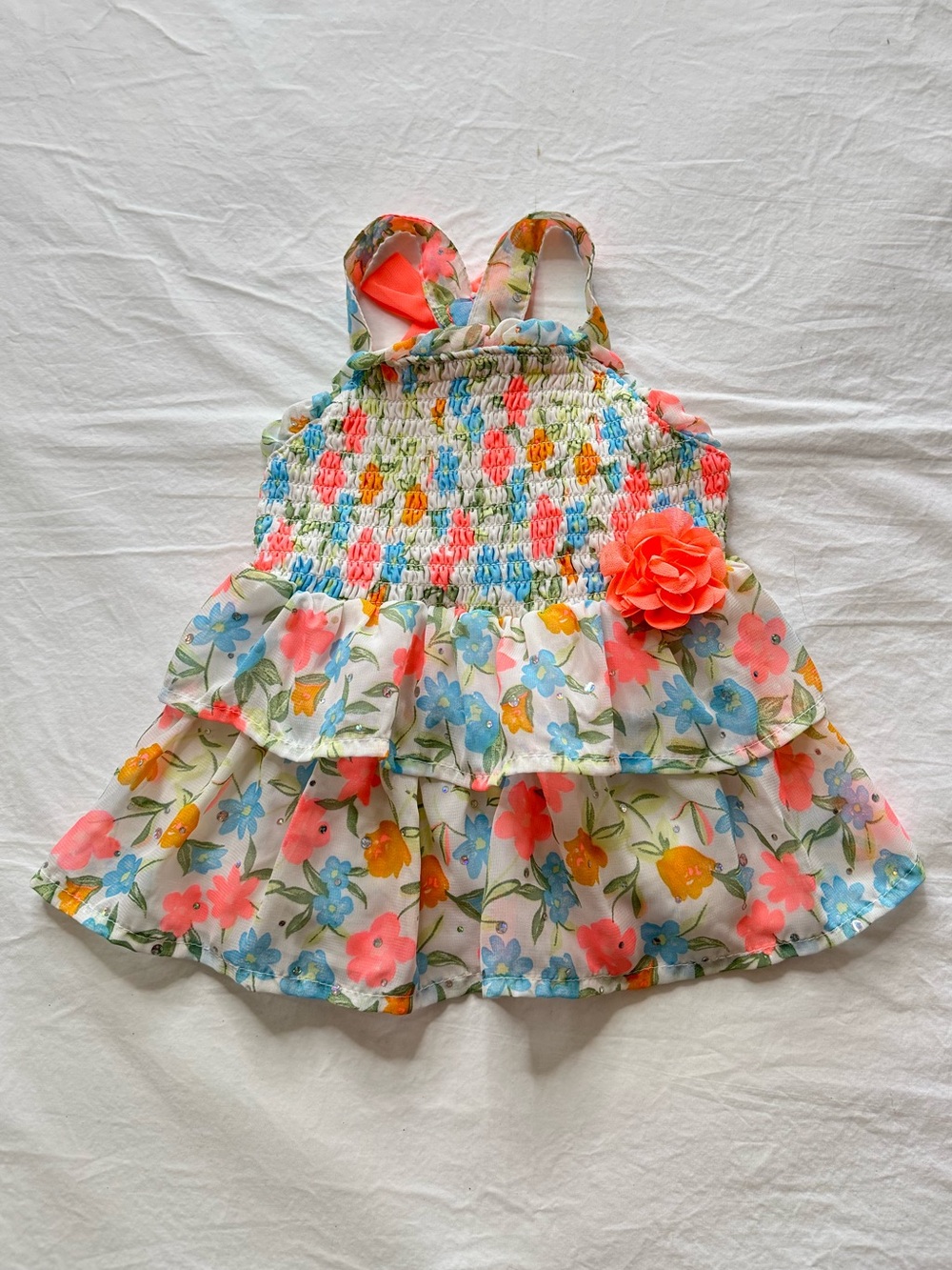 Little Lass - Floral Tiered Ruffle Baby Tunic Top with Coral Flower & Glitter